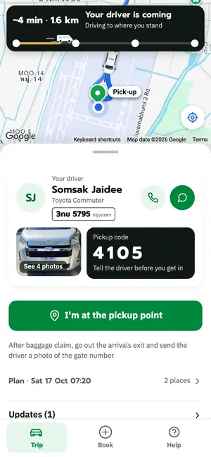 Kingtocar app screen: watch the van come live, with the driver's name, plate and van photo