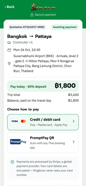 Kingtocar app screen: pay the deposit by card, Apple Pay or Thai PromptPay QR